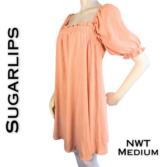 NEW Sugarlips Miss Sunshine Peach Milkmaid Smock Babydoll Minidress Size Medium - Picture 2 of 11